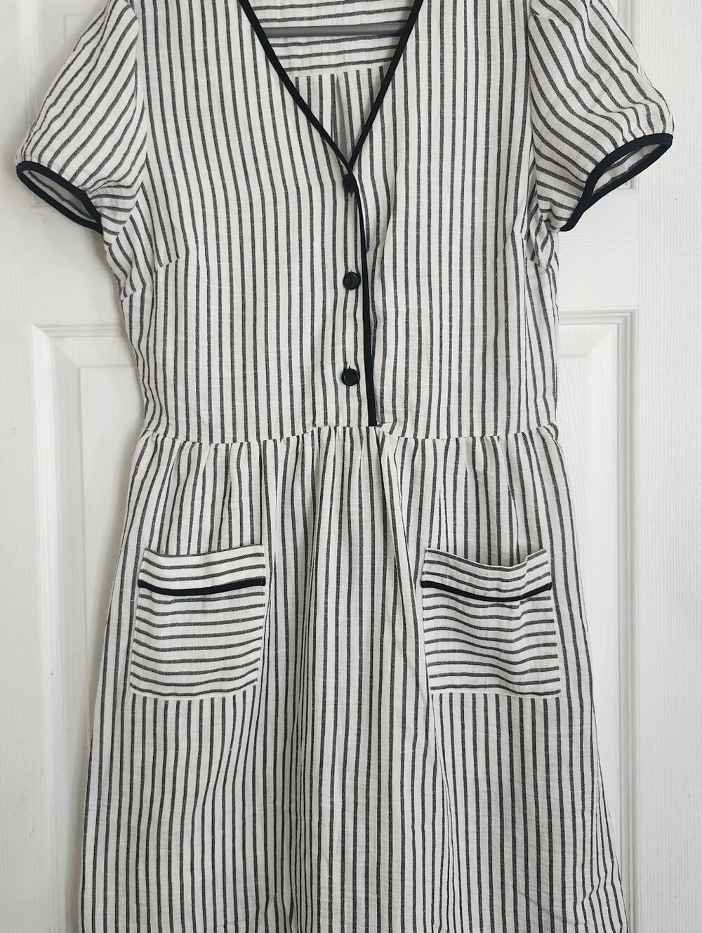 Women"s Black & White Striped Short Sleeve Dress With Front Pockets